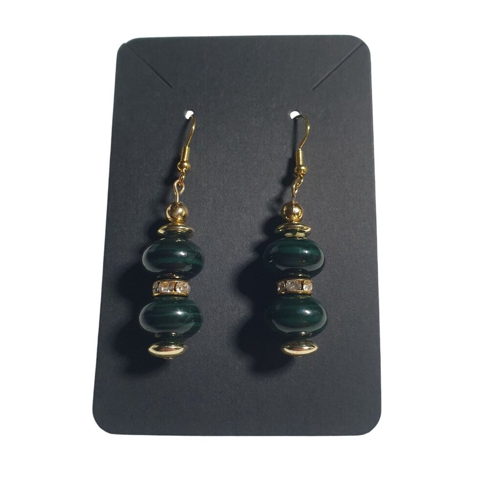 Gold Hook Green Beaded Dangle Earrings Handmade Jewelry Rhinestone Accents Gift